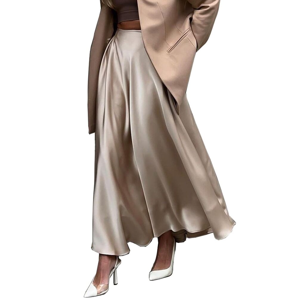 9916 Satin Skirt, Maxi Midi Skirt , High Waisted, A-line, Plus Size, Khaki